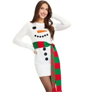 Tipsy Elves White Snowman Long Sleeve Dress